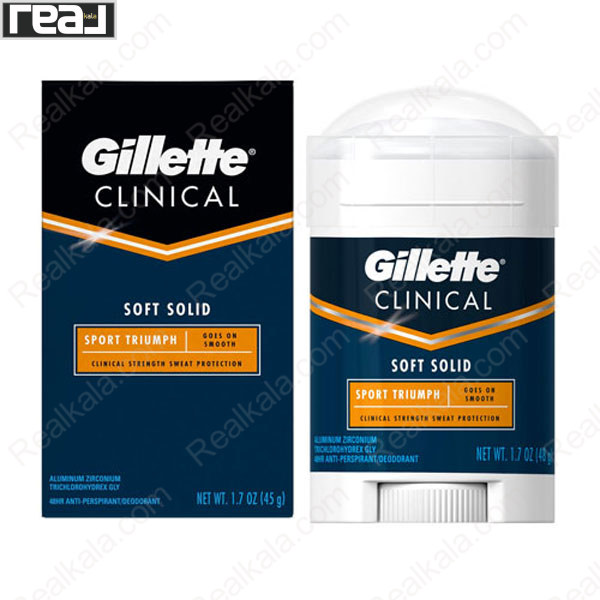 جعبه و استیک ژیلت Clinical Soft Solid مدل Sport Triumph کنار هم روی پس‌زمینه سفید