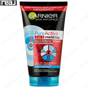 ژل، اسکراب و ماسک گارنیر SKIN NATURALS Pure Active 3 in 1 Charcoal ضد جوش سرسیاه با ذغال فعال و اسید سالیسیلیک