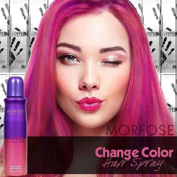 اسپری رنگ مو حرارتی مورفوس مدل Change Colour طیف بنفش به صورتی در کنار نتیجه تغییر رنگ روی مو