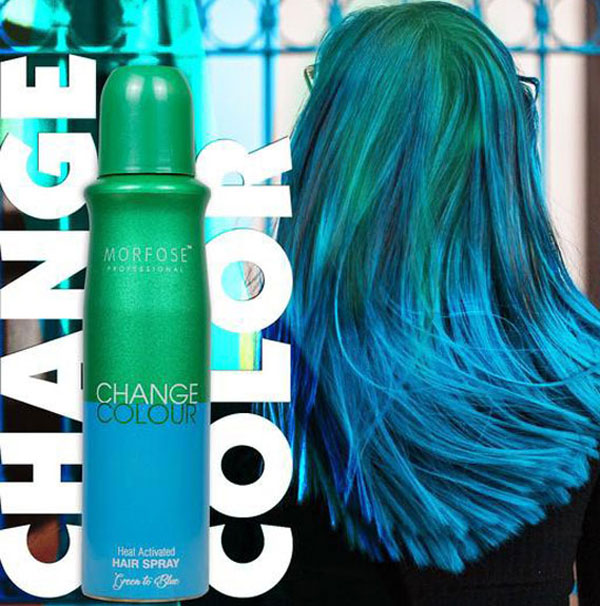 اسپری رنگ مو حرارتی مورفوس مدل Change Colour طیف سبز به آبی در کنار نتیجه تغییر رنگ روی مو