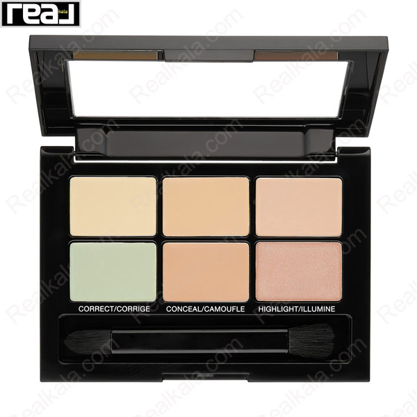 نمای داخلی پالت اصلاح رنگ Maybelline Master Camo شماره 01 Light شامل شش رنگ کرم اصلاح‌کننده، کانسیلر و هایلایتر مناسب پوست‌های روشن