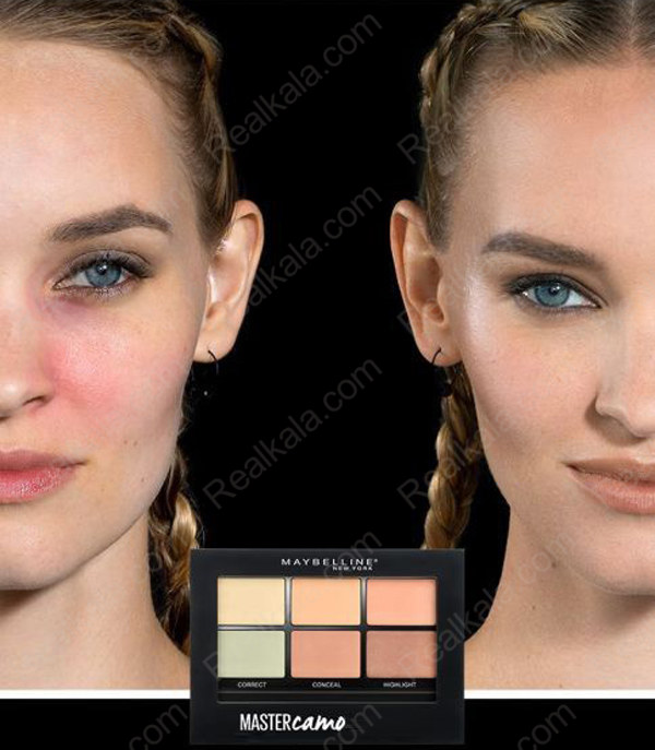 مقایسه قبل و بعد از استفاده از پالت اصلاح‌کننده رنگ Maybelline Master Camo شماره 01 Light برای کاهش قرمزی، یکنواخت‌سازی رنگ پوست و پوشاندن نواقص صورت