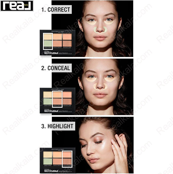 آموزش تصویری سه‌مرحله‌ای استفاده از پالت اصلاح‌کننده رنگ Maybelline Master Camo شماره 01 Light شامل مرحله 1 اصلاح رنگ (Correct)، مرحله 2 پوشاندن نواقص (Conceal) و مرحله 3 هایلایت کردن (Highlight)