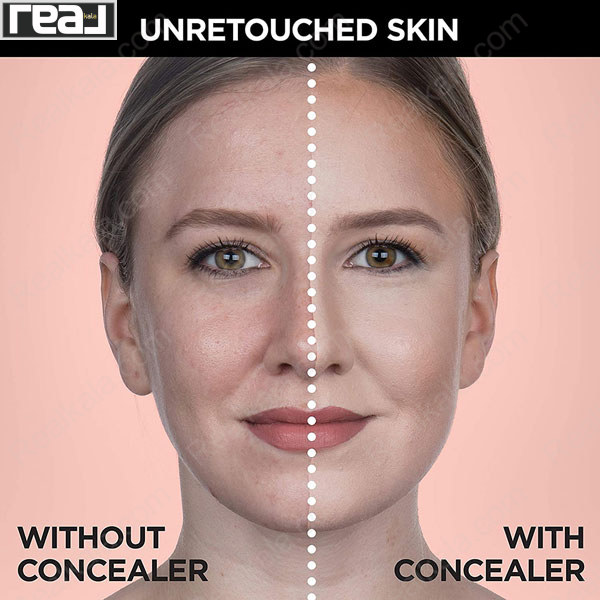 تصویر تبلیغاتی کانسیلر لورال با مقایسه چهره بدون کانسیلر و با کانسیلر، نمایش پوشش بالا و یکنواختی پوست