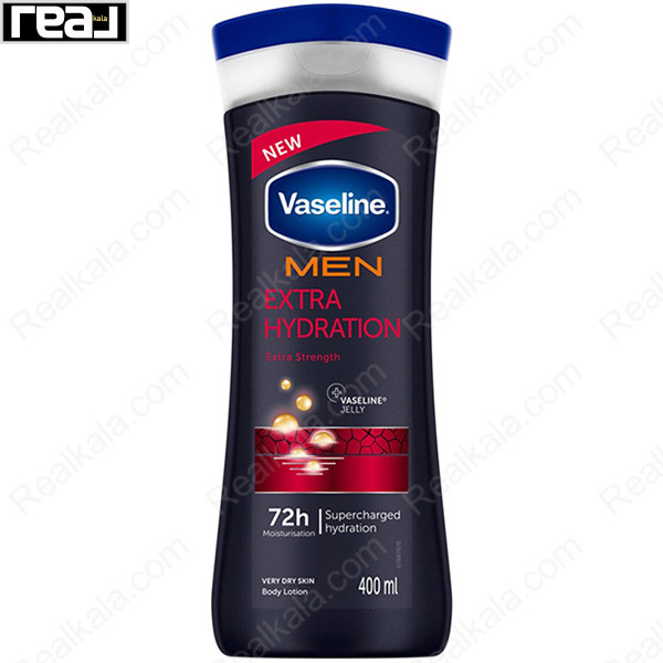 لوسیون بدن وازلین MEN Extra Hydration Extra Strength با آبرسانی فوق‌العاده و مرطوب‌کنندگی 72 ساعته 400 میل