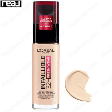کرم پودر L'Oréal Paris مدل Infallible 32H Fresh Wear شماره 145 با جلوه طبیعی و تناژ رز بژ مناسب پوست های متوسط