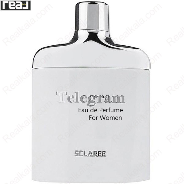 بطری عطر زنانه اسکلاره Telegram با طراحی سفید و درب نقره‌ای