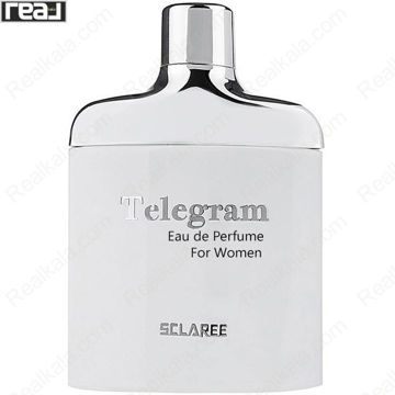 بطری عطر زنانه اسکلاره Telegram با طراحی سفید و درب نقره‌ای