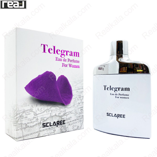 ادو پرفیوم زنانه اسکلاره Telegram با بطری سفید و جعبه گل بنفش