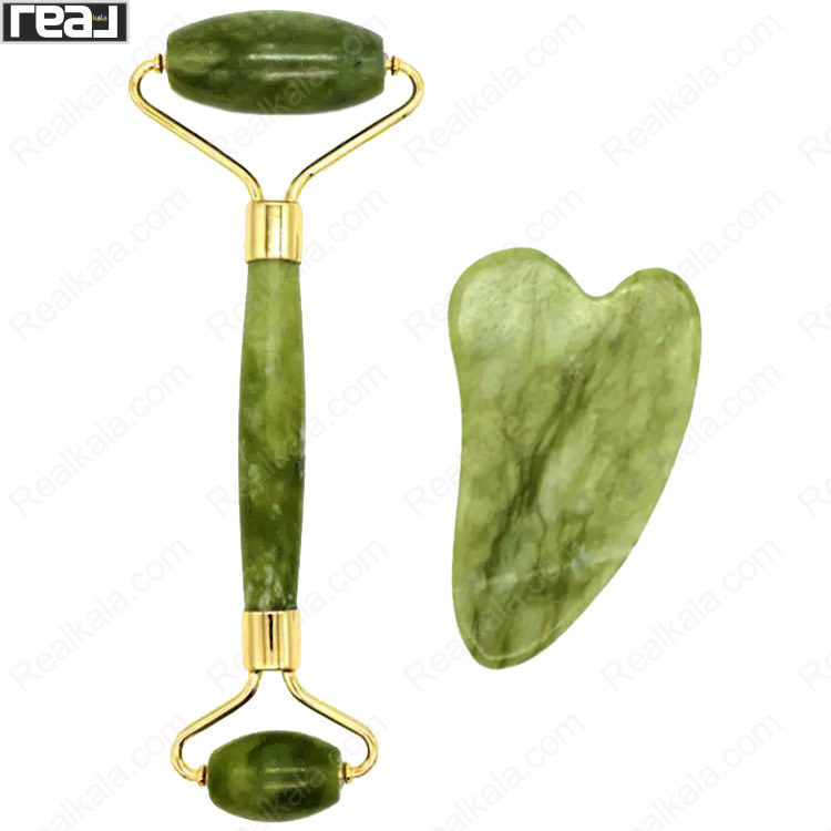 غلطک ماساژ صورت جید مدل Jade Roller به همراه سنگ گواشا سبز با طراحی دوطرفه و دسته فلزی