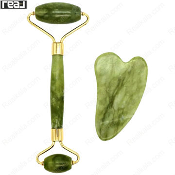 غلطک ماساژ صورت جید مدل Jade Roller به همراه سنگ گواشا سبز با طراحی دوطرفه و دسته فلزی