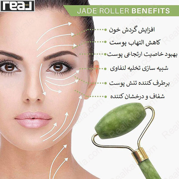 ابزار ماساژ صورت جید با نمایش نحوه استفاده روی صورت و جهت حرکت رولر برای ماساژ