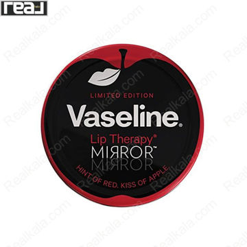 بالم لب وازلین مدل Mirror با قوطی فلزی مشکی و قرمز و نوشته «Hint of Red. Kiss of Apple»