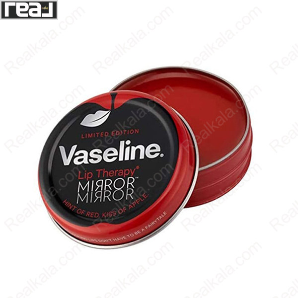 قوطی باز شده بالم لب Vaseline Mirror با رنگ قرمز و نوشته «Your lips don’t have to be a fairytale»