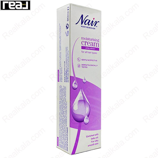 تصویر کرم موبر Nair مدل مرطوب‌ کننده مخصوص پا و بدن، حاوی روغن بچه، مناسب انواع مو، با فرمول ملایم و اثرگذاری سریع