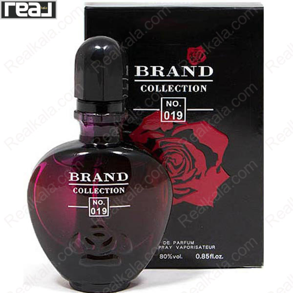 شیشه و جعبه ادکلن برند کالکشن 019 بلک ایکس اس زنانه با طراحی مشکی‑رز و بسته‌بندی مدرن