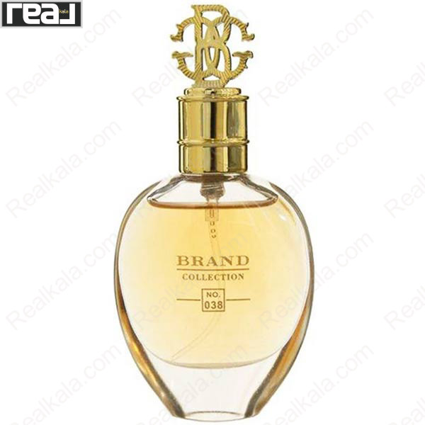 ادکلن برند کالکشن کد 038 روبرتو کاوالی گلد زنانه با طراحی استوانه‌ای، بدنه شفاف، مایع طلایی و درپوش تاج‌دار طلایی