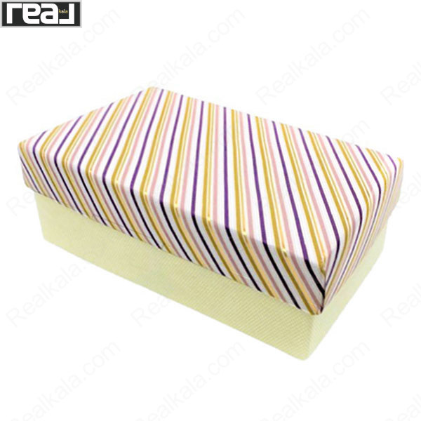 جعبه کادویی مستطیلی با درب راه‌راه رنگی و بدنه روشن، دارای ابعاد 6 × 17 × 10.5 سانتی‌متر