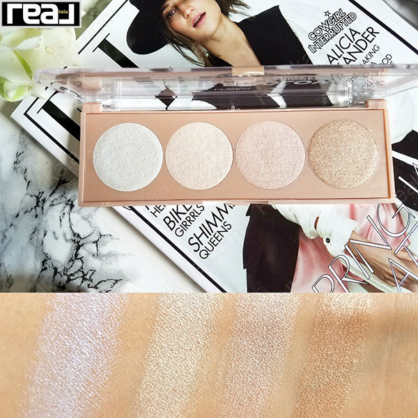 نمونه رنگ‌های پالت هایلایتر لورال پاریس La Vie En Glow Cool Glow روی پوست، همراه با پالت چهاررنگ