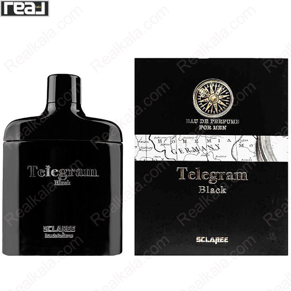 ادو پرفیوم مردانه اسکلاره Telegram Black با بطری مشکی و جعبه مشکی طرح نقشه