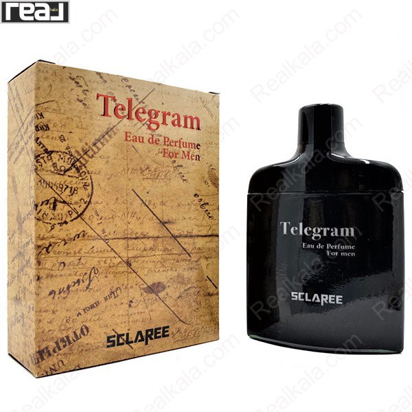 ادو پرفیوم مردانه اسکلاره مدل Telegram با جعبه طرح نقشه و بطری مشکی