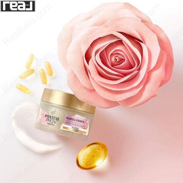 ترکیبات مؤثر ماسک مو Pantene Pro‑V Fullness & Strength شامل بیوتین، عصاره گل رز و کپسول Pro‑V برای افزایش ضخامت و قدرت مو