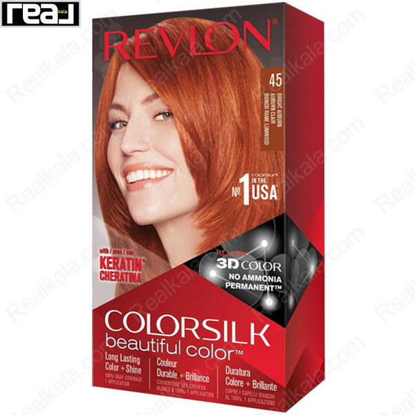 رنگ مو Revlon Colorsilk Beautiful Color شماره 45 با فرمول بدون آمونیاک، حاوی کراتین و تکنولوژی 3D Color برای ایجاد رنگ قهوه‌ای مایل به قرمز روشن و درخشان با ماندگاری بالا و درخشندگی طبیعی
