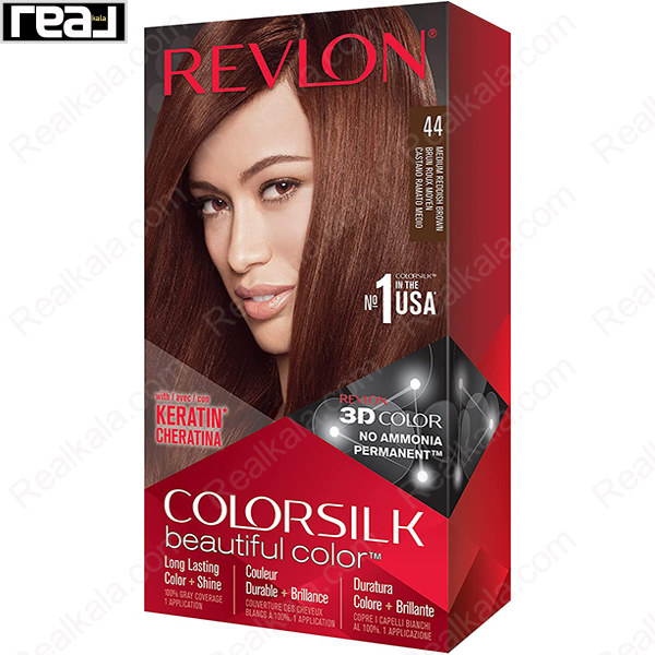 رنگ مو Revlon Colorsilk Beautiful Color شماره 44 با فرمول بدون آمونیاک، حاوی کراتین و تکنولوژی 3D Color برای ایجاد رنگ قهوه‌ای متوسط مایل به قرمز با درخشندگی طبیعی و ماندگاری بالا