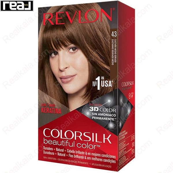 رنگ مو Revlon Colorsilk Beautiful Color شماره 43 با فرمول بدون آمونیاک، حاوی کراتین و تکنولوژی 3D Color برای ایجاد رنگ قهوه‌ای طلایی متوسط با درخشندگی طبیعی و ماندگاری بالا