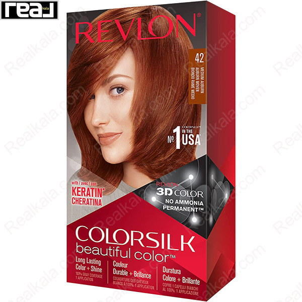 رنگ مو Revlon Colorsilk Beautiful Color شماره 42 با فرمول بدون آمونیاک، حاوی کراتین و تکنولوژی 3D Color برای ایجاد رنگ قهوه‌ای مایل به قرمز متوسط با درخشندگی طبیعی و ماندگاری بالا