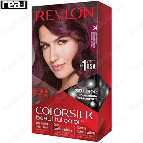 تصویر  کیت رنگ مو فاقد آمونیاک رولون شماره 34 Revlon Colorsilk Beautiful Hair Color Deep Burgundy