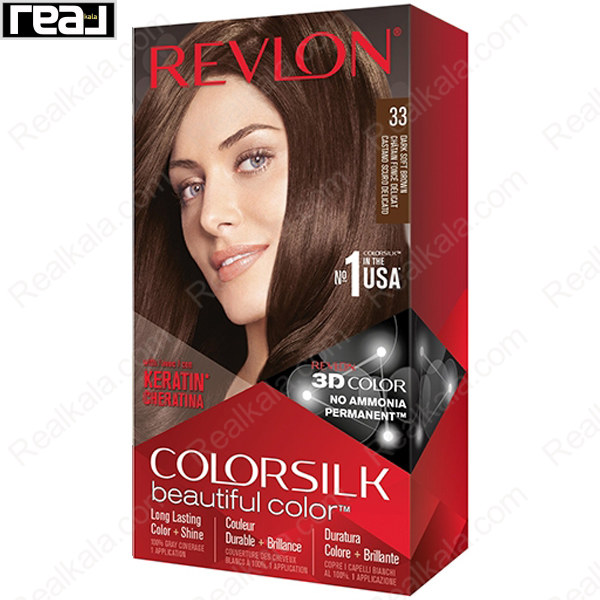 رنگ مو Revlon Colorsilk Beautiful Color شماره 33 با فرمول بدون آمونیاک، حاوی کراتین و تکنولوژی 3D Color برای ایجاد رنگ قهوه‌ای تیره ملایم با درخشندگی طبیعی و ماندگاری بالا