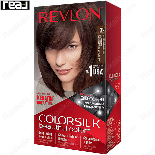 رنگ مو Revlon Colorsilk Beautiful Color شماره 32 با فرمول بدون آمونیاک، حاوی کراتین و تکنولوژی 3D Color برای ایجاد رنگ قهوه‌ای ماهگونی تیره با درخشندگی طبیعی و ماندگاری بالا