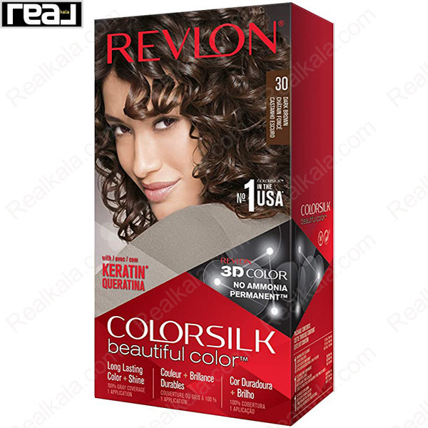 رنگ مو Revlon Colorsilk Beautiful Color شماره 30 با فرمول بدون آمونیاک، حاوی کراتین و تکنولوژی 3D Color برای ایجاد رنگ قهوه‌ای تیره طبیعی با درخشندگی بالا و ماندگاری طولانی
