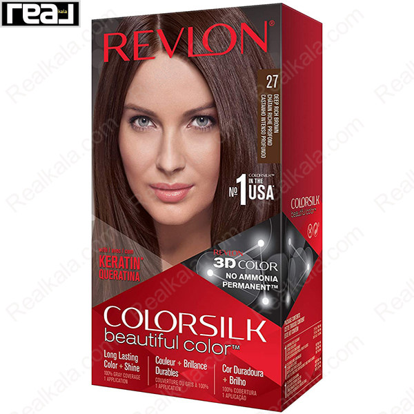 رنگ مو Revlon Colorsilk Beautiful Color شماره 27 با فرمول بدون آمونیاک، حاوی کراتین و تکنولوژی 3D Color برای ایجاد رنگ قهوه‌ای تیره و غنی با درخشندگی طبیعی و ماندگاری بالا