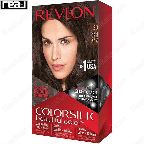 رنگ مو Revlon Colorsilk Beautiful Color شماره 20 با فرمول بدون آمونیاک، حاوی کراتین و تکنولوژی 3D Color برای ایجاد رنگ مشکی قهوه‌ای طبیعی با درخشندگی بالا و ماندگاری طولانی