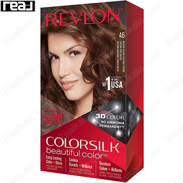 رنگ مو Revlon Colorsilk Beautiful Color شماره 46 با فرمول بدون آمونیاک، حاوی کراتین و تکنولوژی 3D Color برای ایجاد رنگ قهوه‌ای شاه‌بلوطی با تم طلایی متوسط و درخشندگی طبیعی