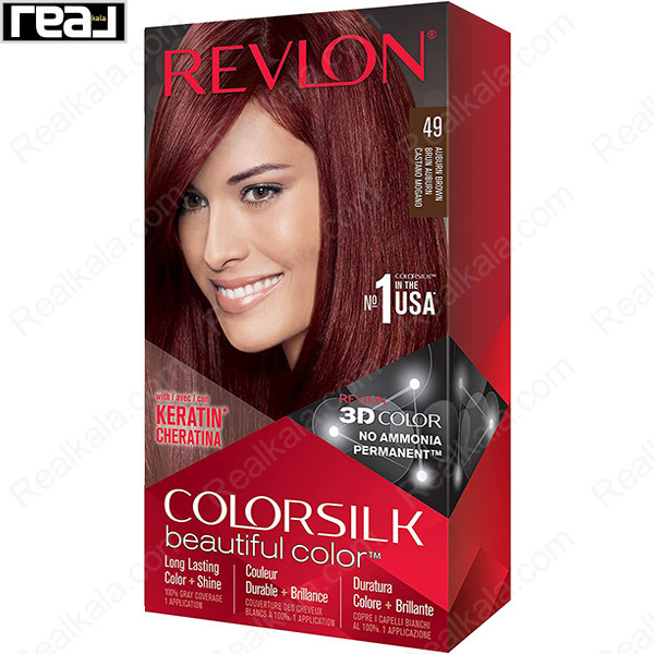 رنگ مو Revlon Colorsilk Beautiful Color شماره 49 با فرمول بدون آمونیاک، حاوی کراتین و تکنولوژی 3D Color برای ایجاد رنگ قهوه‌ای بلوطی متوسط با درخشندگی طبیعی و ماندگاری بالا