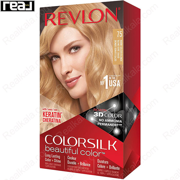 رنگ مو Revlon Colorsilk Beautiful Color شماره 75 با فرمول بدون آمونیاک، حاوی کراتین و تکنولوژی 3D Color برای ایجاد رنگ بلوند طلایی گرم با درخشندگی طبیعی و ماندگاری بالا