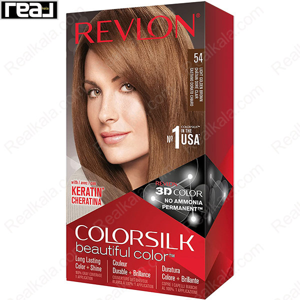 رنگ مو Revlon Colorsilk Beautiful Color شماره 54 با فرمول بدون آمونیاک، حاوی کراتین و تکنولوژی 3D Color برای ایجاد رنگ قهوه‌ای طلایی روشن با درخشندگی و ماندگاری بالا