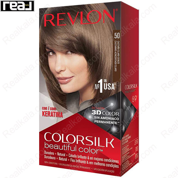 رنگ مو Revlon Colorsilk Beautiful Color شماره 50 با فرمول بدون آمونیاک، حاوی کراتین و تکنولوژی 3D Color برای ایجاد رنگ قهوه‌ای خاکستری روشن با درخشندگی طبیعی و ماندگاری بالا