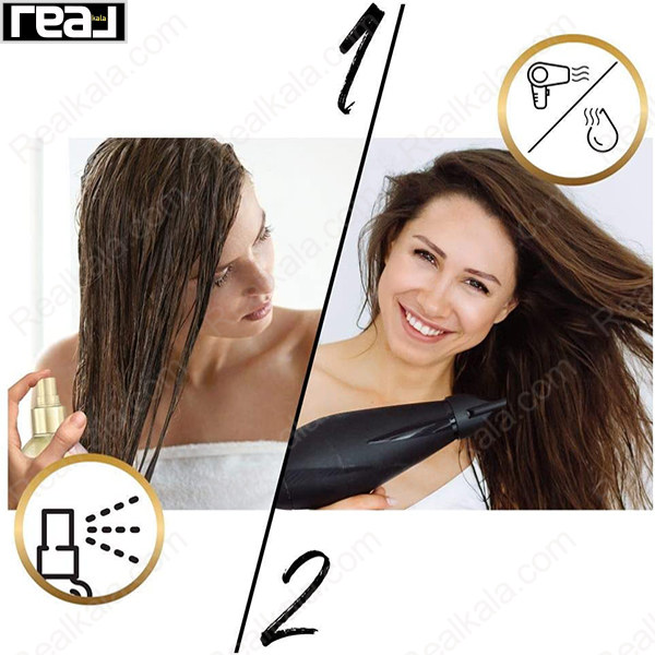 مراحل استفاده از اسپری Pantene Pro‑V Miracles 7‑in‑1 شامل اسپری روی موهای مرطوب و خشک‌کردن با سشوار برای افزایش نرمی و دوام حالت