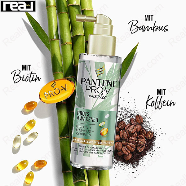 سرم تقویت‌کننده ریشه مو Pantene Pro‑V Miracles Roots Awakener حاوی بیوتین، بامبو و کافئین برای افزایش استحکام، ضخامت و رشد سالم مو