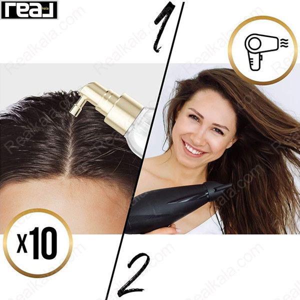 روش استفاده سرم ضخیم‌کننده مو Pantene Pro‑V Miracles Hair Thickener شامل اسپری روی ریشه مو و سپس سشوار برای افزایش حجم و ماندگاری حالت مو