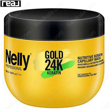ماسک مو Nelly Professional Gold 24K Keratin با بسته‌بندی طلایی، حاوی کراتین برای تغذیه، ترمیم و تقویت موهای آسیب‌دیده