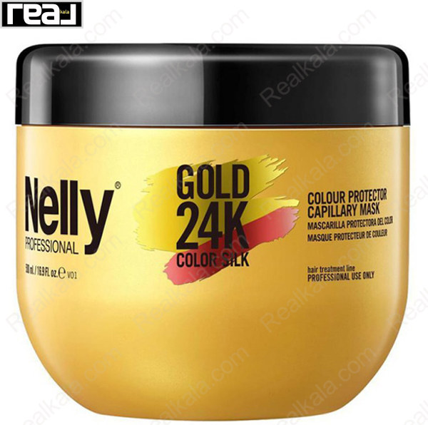 ماسک مو Nelly Professional Gold 24K Color Silk با بسته‌بندی طلایی، مخصوص محافظت از رنگ مو تقویت و تغذیه موهای رنگ‌شده