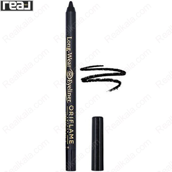 مداد چشم Oriflame Long Wear Eyeliner با بدنه مدادی مشکی، درپوش جداشونده و نمونه خط مشکی کشیده شده کنار محصول