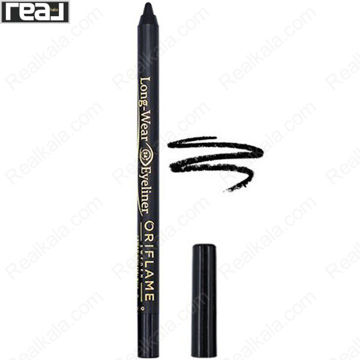 مداد چشم Oriflame Long Wear Eyeliner با بدنه مدادی مشکی، درپوش جداشونده و نمونه خط مشکی کشیده شده کنار محصول