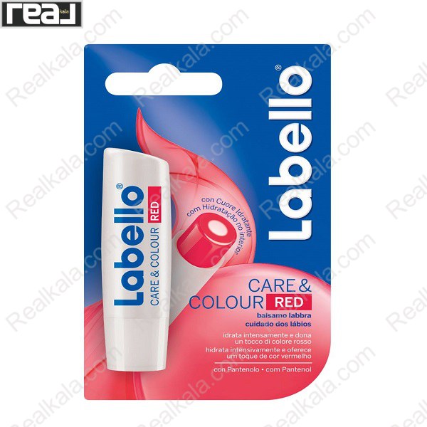 بسته‌بندی بالم لب Labello مدل Care & Colour Red با طراحی آبی و قرمز