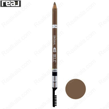 مداد ابرو Bell Powdery Unique شماره 104 با رنگ قهوه‌ای طبیعی، بافت پودری و برس انتهایی، مناسب فرم‌دهی دقیق ابروها
